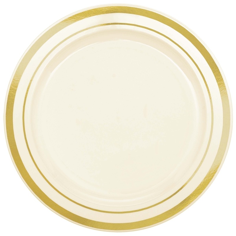Plates - Cream, Premium Plastic, Round with Gold Trim, 6 1/4"