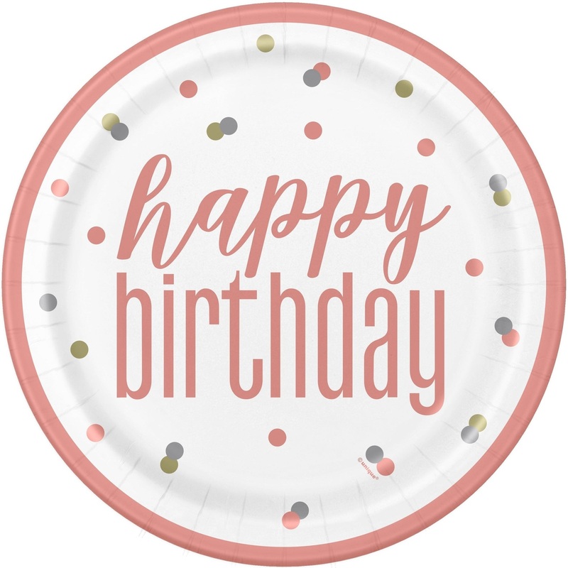 Plates - Rose Gold, Glitz "Happy Birthday", 9", 8 Count