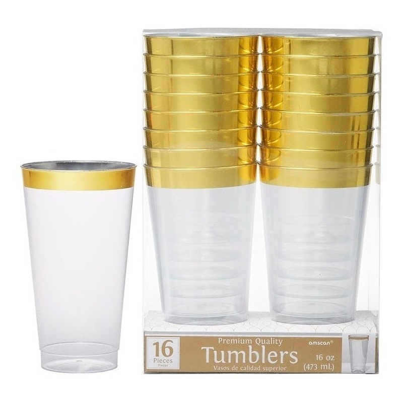 Premium Plastic Tumblers - Clear With Gold Trim