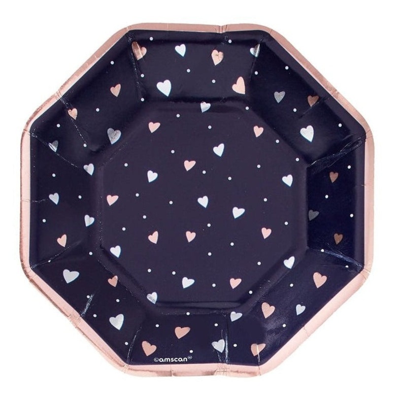 Plates - Metallic Navy, Bride Hearts Pattern, Octagonal, 7"