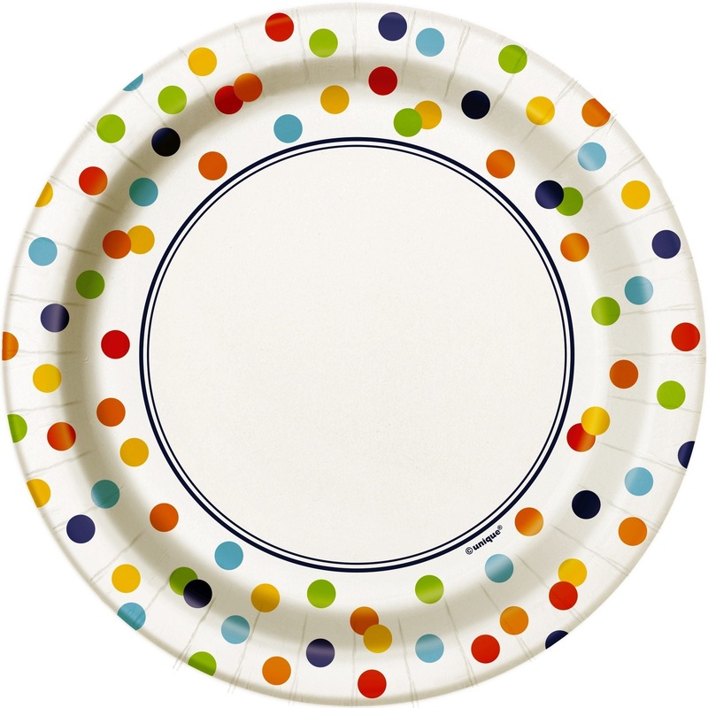 Plates - Dessert, Rainbow Polka Dots, Round 7", 8 Count