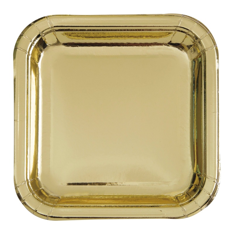 Plates - Gold Foil Square 9" Dinner Plates, 8 Count - Foil Board
