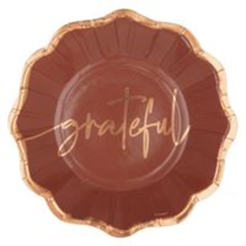 Elegant Thanksgiving Grateful" Shaped 8.25" Dessert Plates  8ct - Foil Stamping"