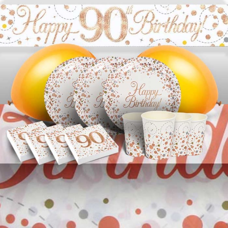 90th Party Packs with Decor - Rose Gold