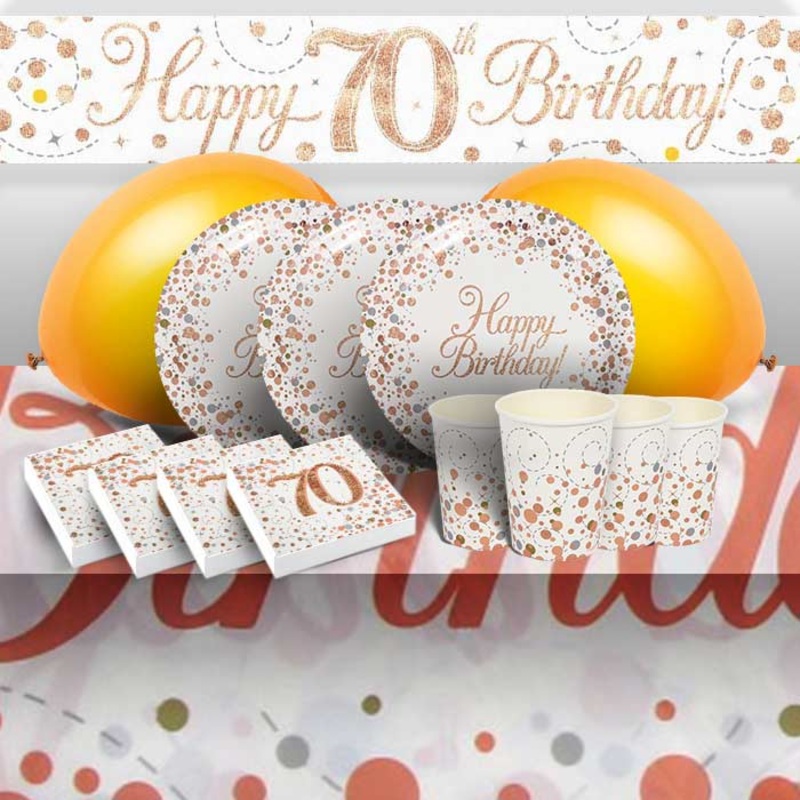 Rose Gold 70th Birthday Party Kit: Tableware & Decorations Pack