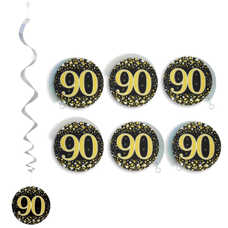 90th Hanging Decorations - Black and Gold Pack of 6