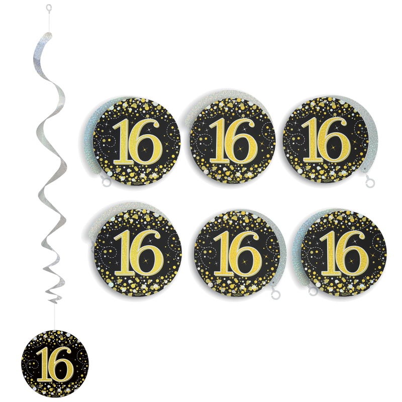 Black & Gold Fizz 16th Birthday Hanging Decorations Pack of 6