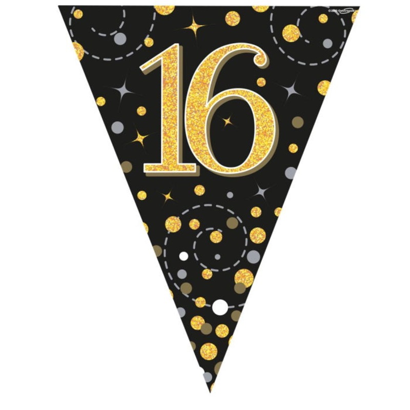 Black & Gold Sparkling 16th Birthday Bunting 3.9 metres