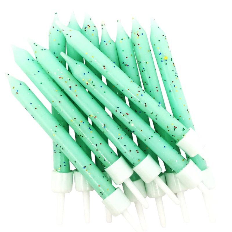 Mint Green Glitter Cake Candles Decorations Pack of 12