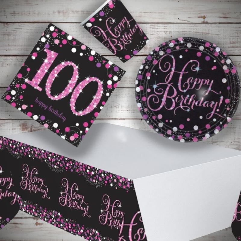 Pink & Black 100th Birthday Party Pack: Tableware Party Kit