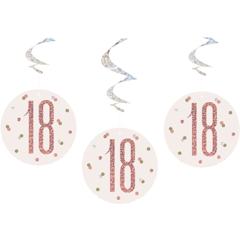 Rose Gold 18th Hanging Swirl Decorations Pack of 6