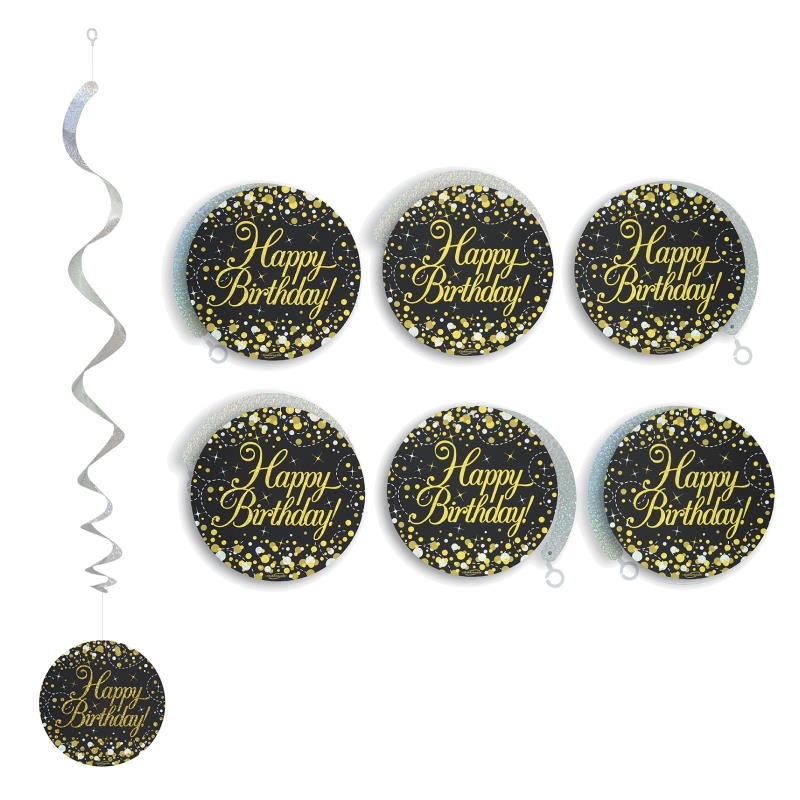 Black & Gold Happy Birthday Hanging Decorations Pack of 6