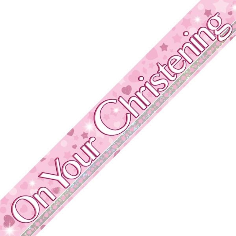 On Your Christening Pink Foil Banner Decoration 2.7 Metres