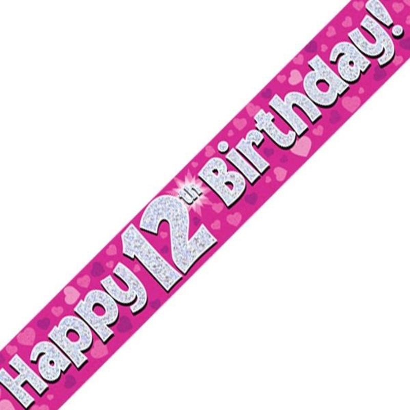 Pink Heart Happy 12th Birthday Foil Banner Decoration