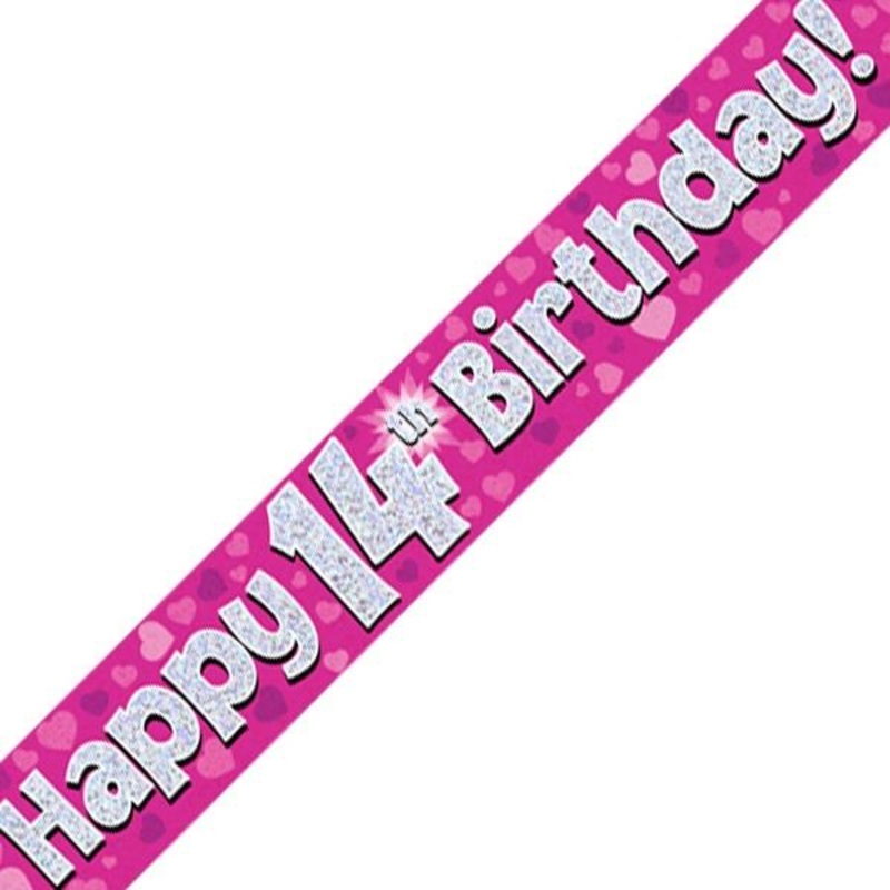 Pink Heart Happy 14th Birthday Foil Banner Decoration