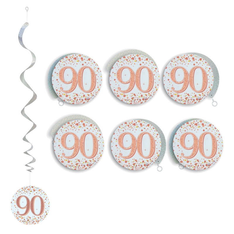 90th Hanging Decorations - Rose Gold Sparkling Pack of 6