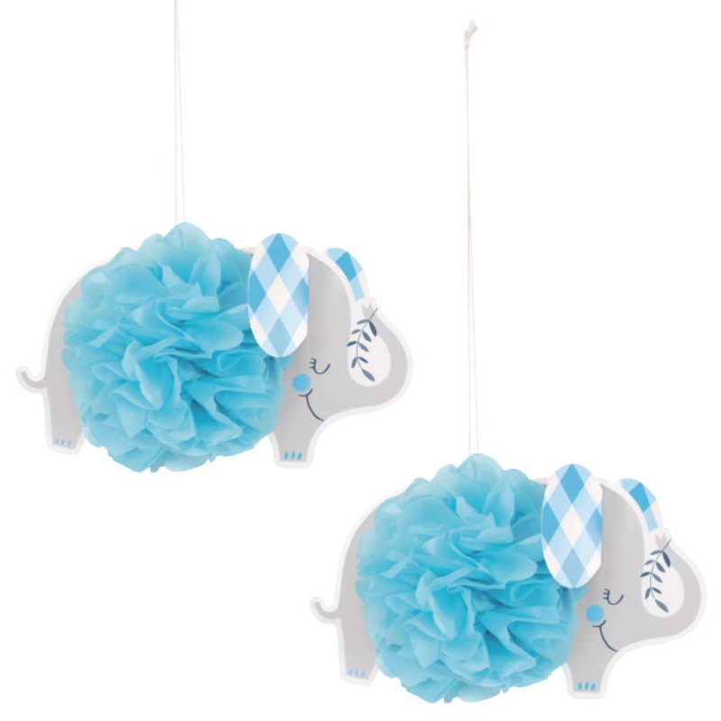 Blue Elephant Puff Ball Hanging Decorations Pack of 3