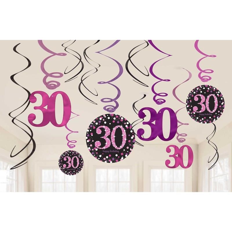 Pink Sparkling 30th Birthday Hanging Decorations Pack of 12