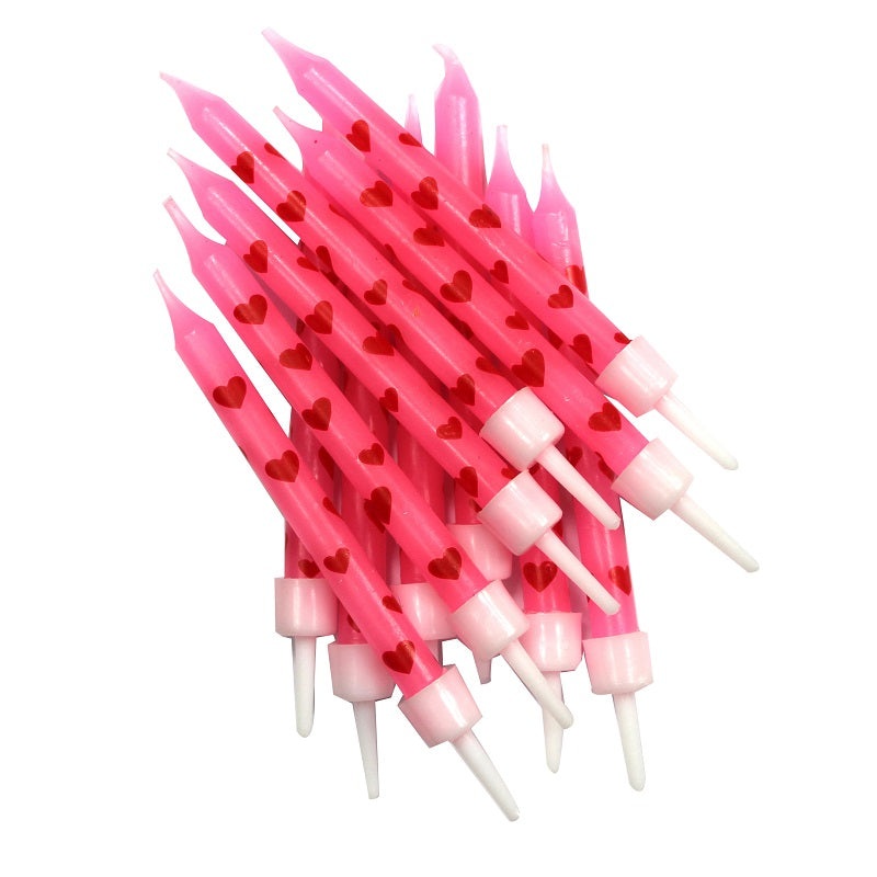 Pink with Red Heart Birthday Cake Candles Pack of 12