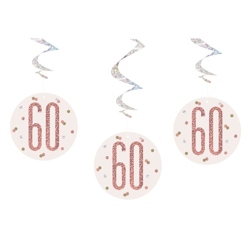 Rose Gold 60th Birthday Hanging Swirl Party Pack of 6
