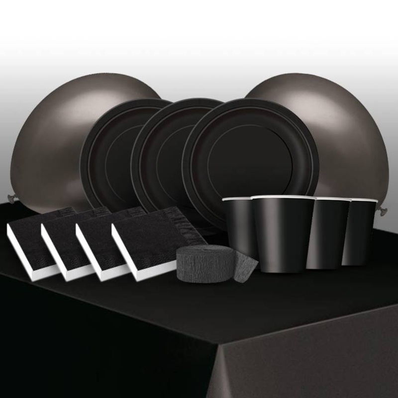Solid Black Colour Party Pack: Tableware & Decoration Kit