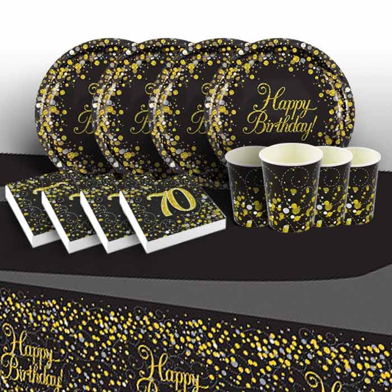70th Birthday Tableware Pack - Black & Gold