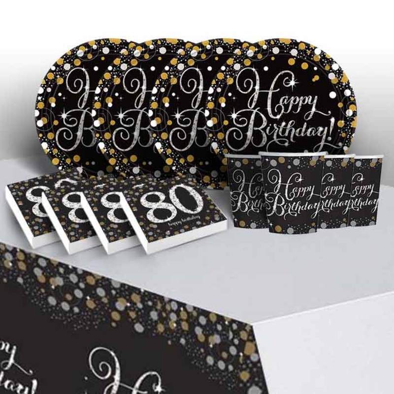 80th Birthday Plates and Cups Pack - Gold Sparkle
