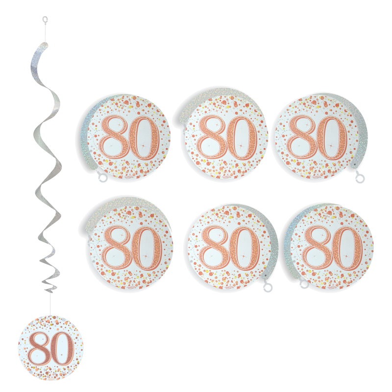 80th Hanging Decorations - Rose Gold Sparkling Pack of 6