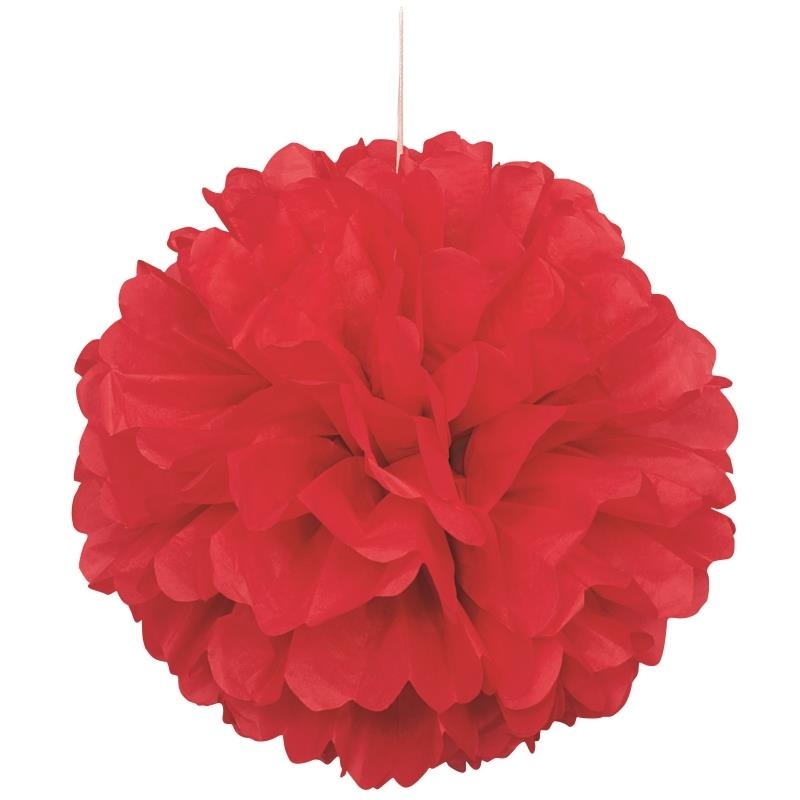 Bright Red Puff Ball Party Hanging Decorations 16 Inches