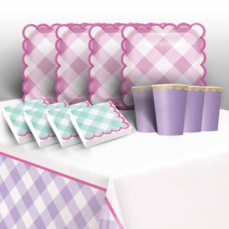 Pastel Gingham Party Pack: Tableware Kit for 8 - 48 Guests
