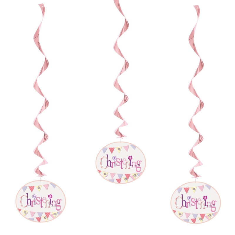 Pink Bunting Christening Hanging Swirl Decorations Pack of 3