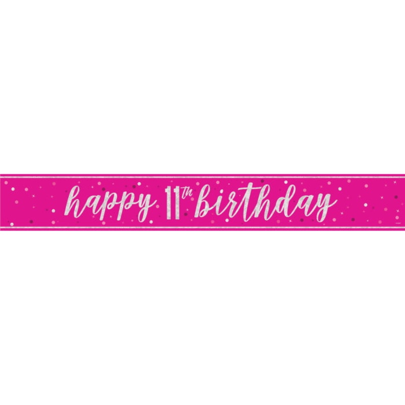 Pink Glitz 11th Birthday Prism Foil Banner 9 ft