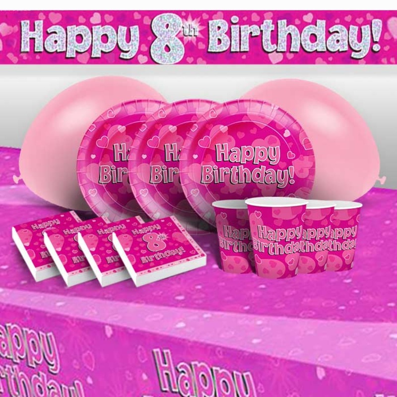 Pink Heart 8th Birthday Party Pack; Kit with Decorations