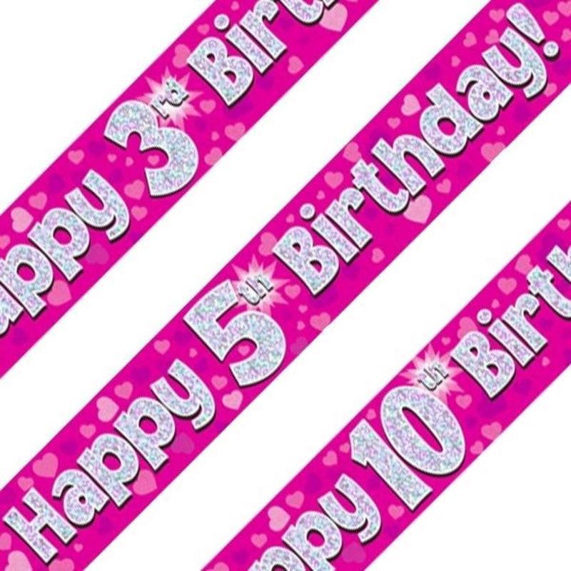 Pink Heart Happy Birthday Age 1-16 Foil Banner - Choose Age