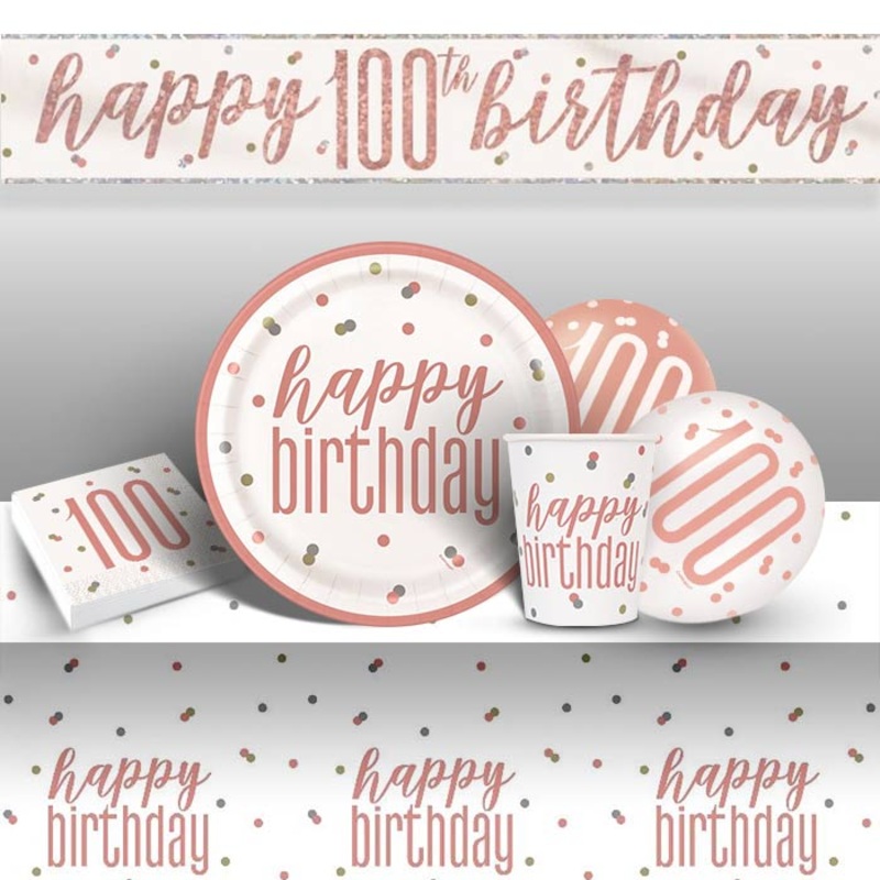 Rose Gold 100th Birthday Party Pack: Tableware & Decoration Kit