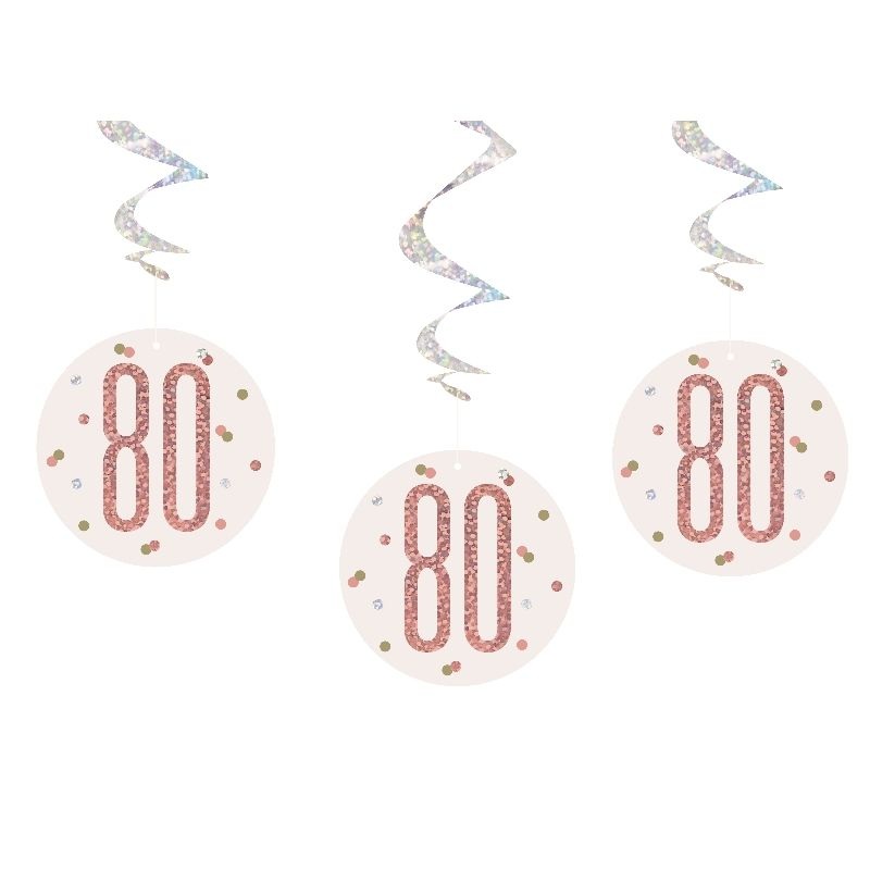 Rose Gold 80th Birthday Hanging Swirl Party Pack of 6