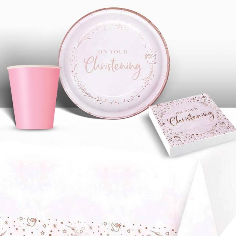 Rose Gold Blush Christening Party Pack: Tableware Party Kit