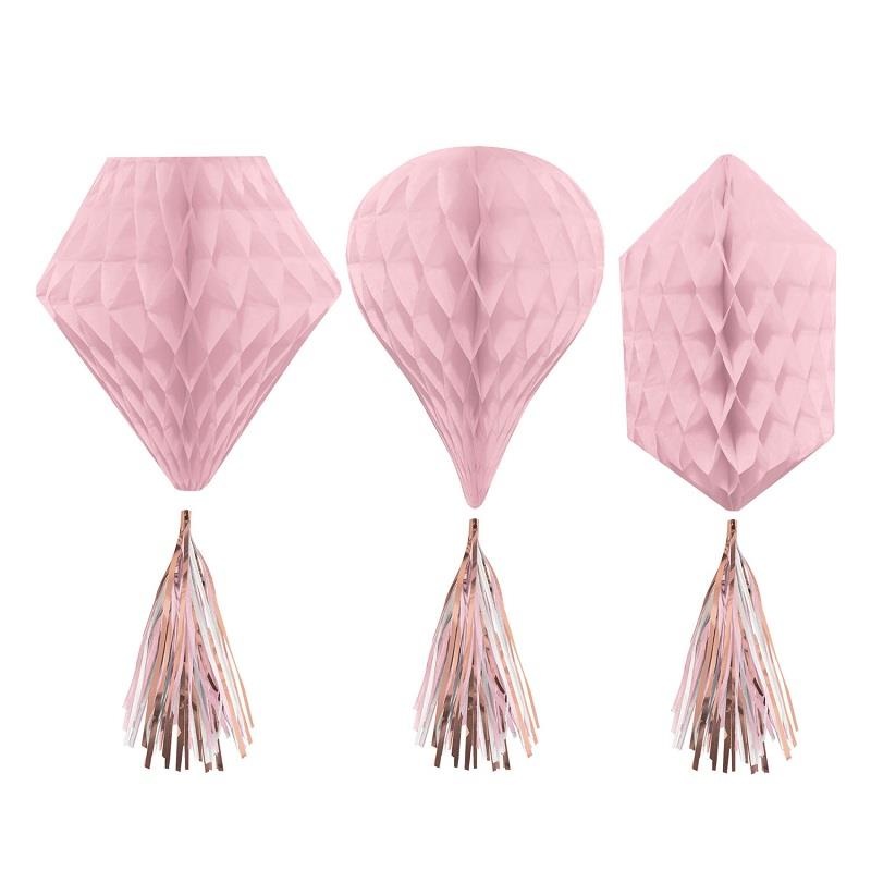 Blush Rose Gold Honeycomb Decorations with Tassel Pack of 3