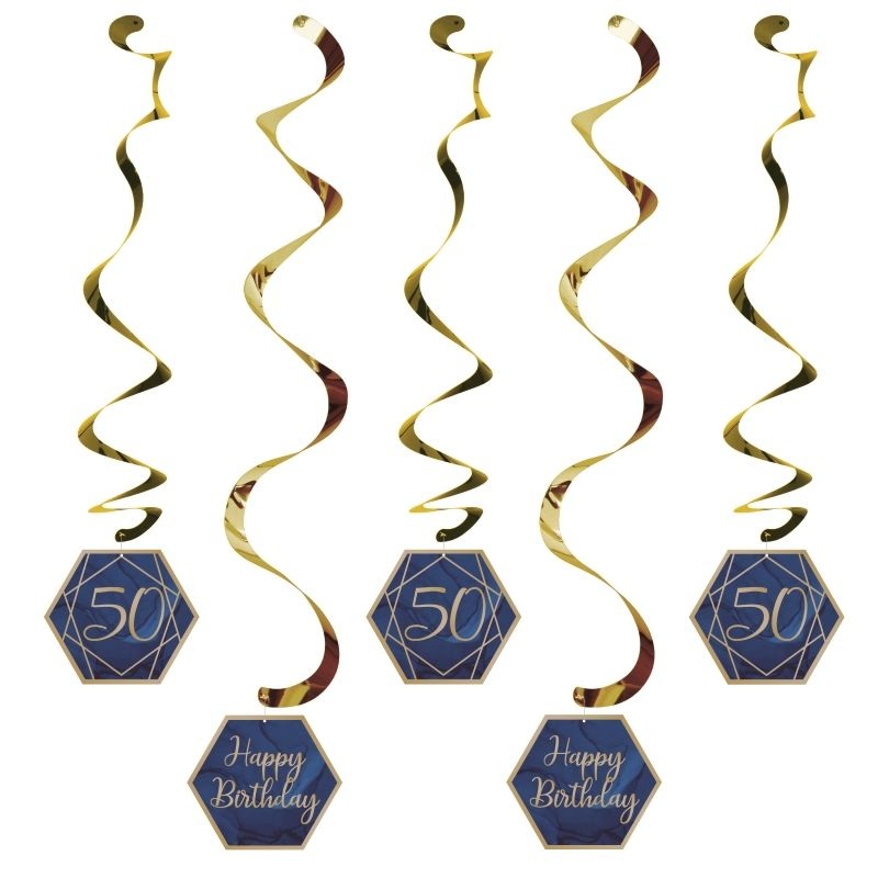 Navy Blue Gold 50th Birthday Hanging Decorations Pack of 5