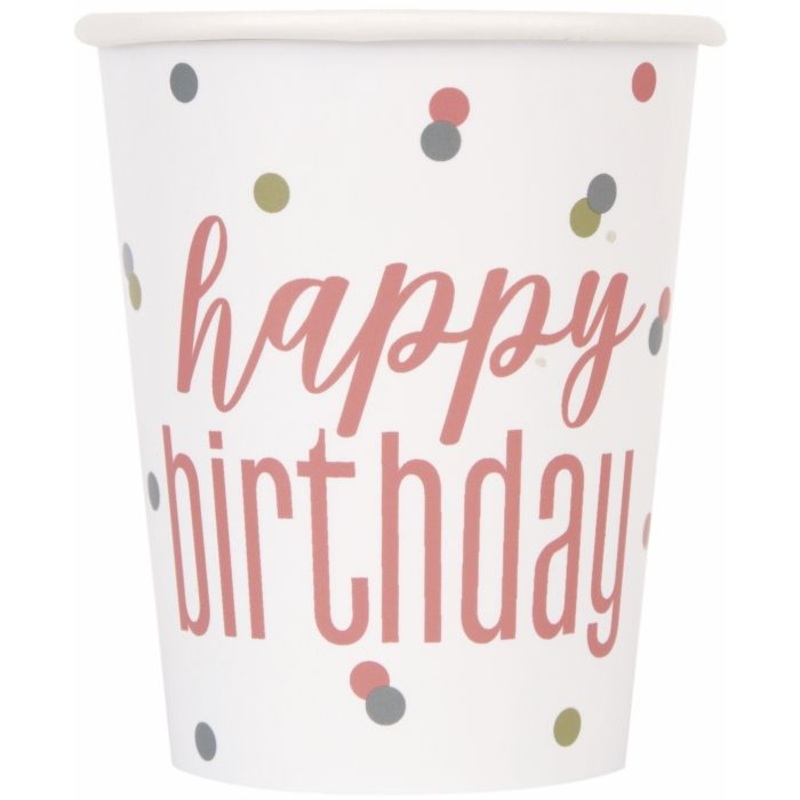 Rose Gold Birthday Paper Cups Pack of 8