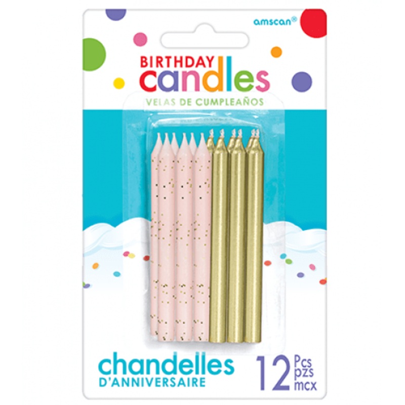 Pink Glittered and Metallic Gold Candles 8cm 12pk