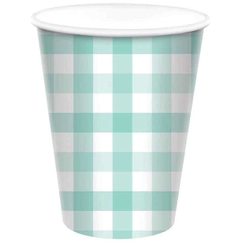 Pastel Mint Gingham HC Paper Cup 266ml 8pk