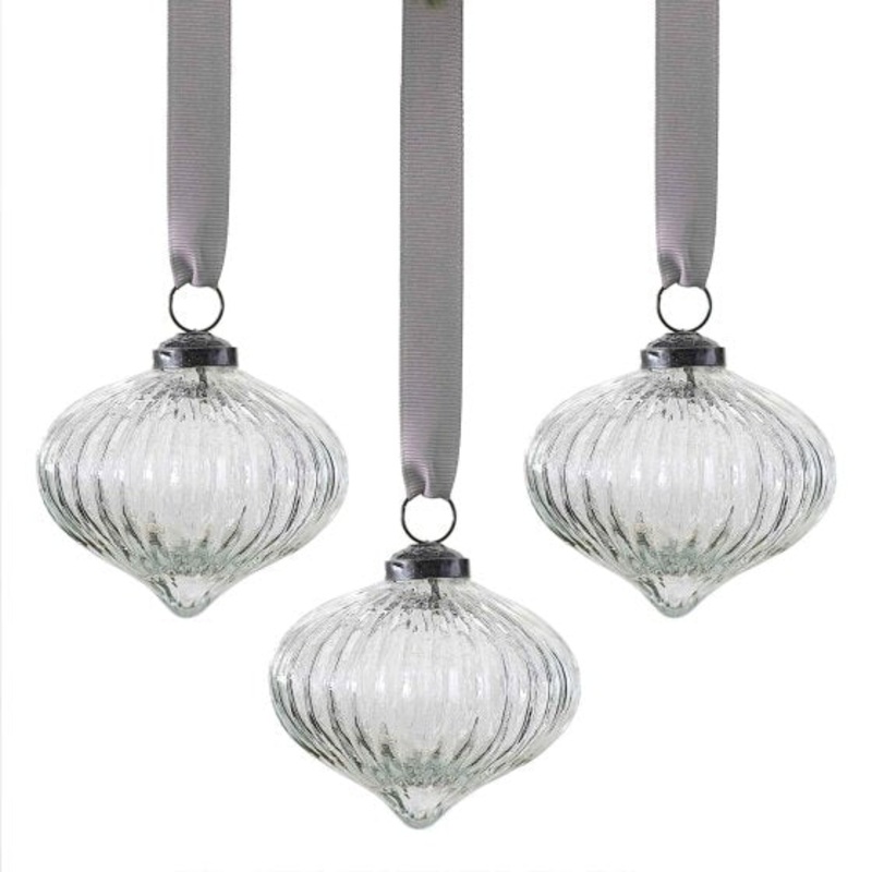 White Christmas Ribbed Glass Tree Decorations 8cm x 8cm x 8cm 3pk