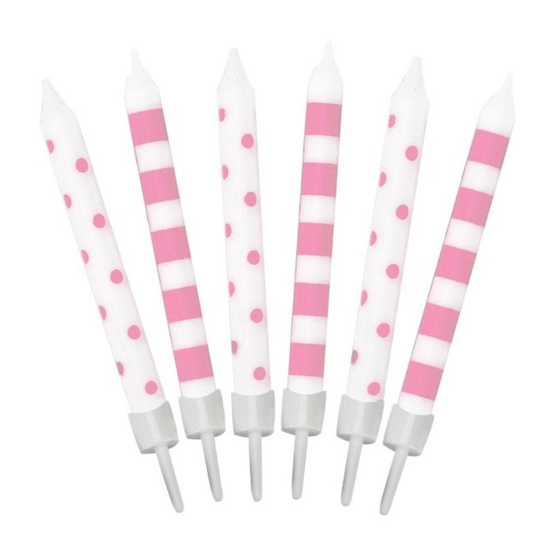Pastel Pink Stripes And Dots Candles 12pk