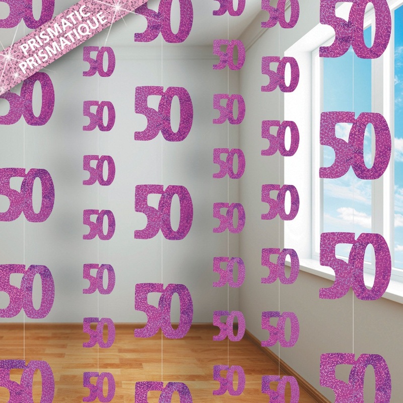 Pink Glitz 50th Hanging Decorations 1.5m 6pk