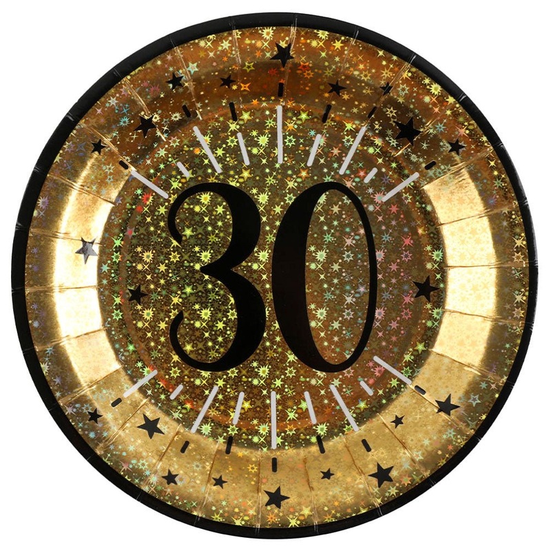 30-Years Birthday Anniversary Paper Plates Gold Black