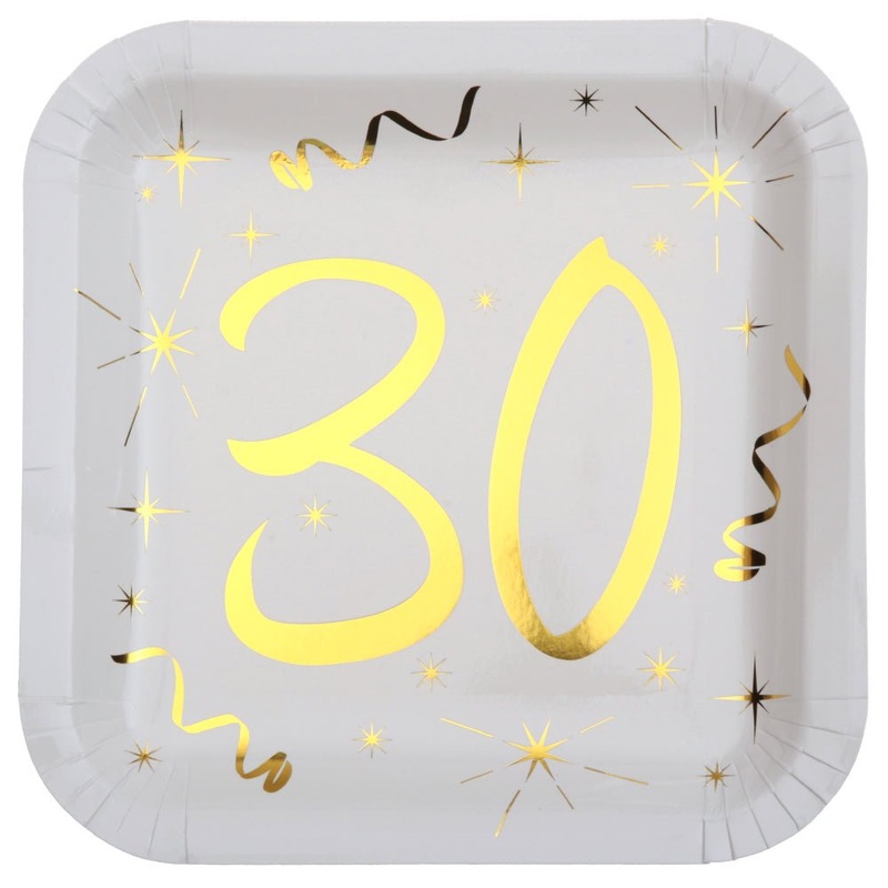 30-Years Birthday Anniversary Paper Plates White Gold