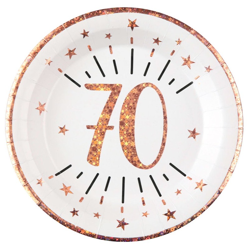 70-Years Birthday Anniversary Paper Plates White Rose Gold
