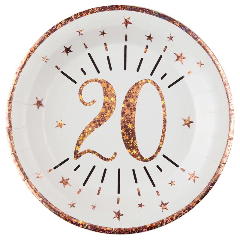 20-Years Birthday Anniversary Paper Plates Rose Gold