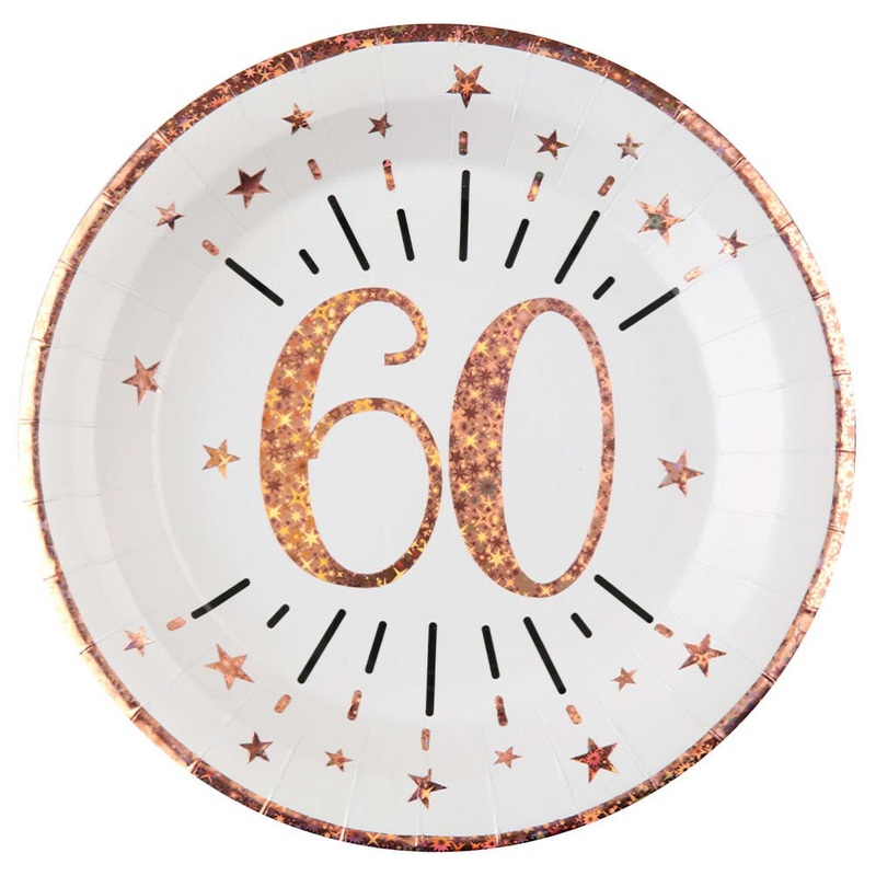 60-Years Birthday Anniversary Paper Plates White Rose Gold